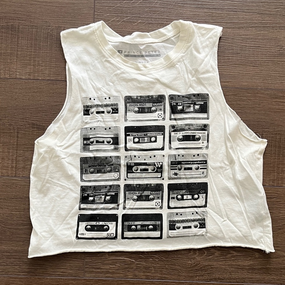 White Sleeveless Top with Cassette Print